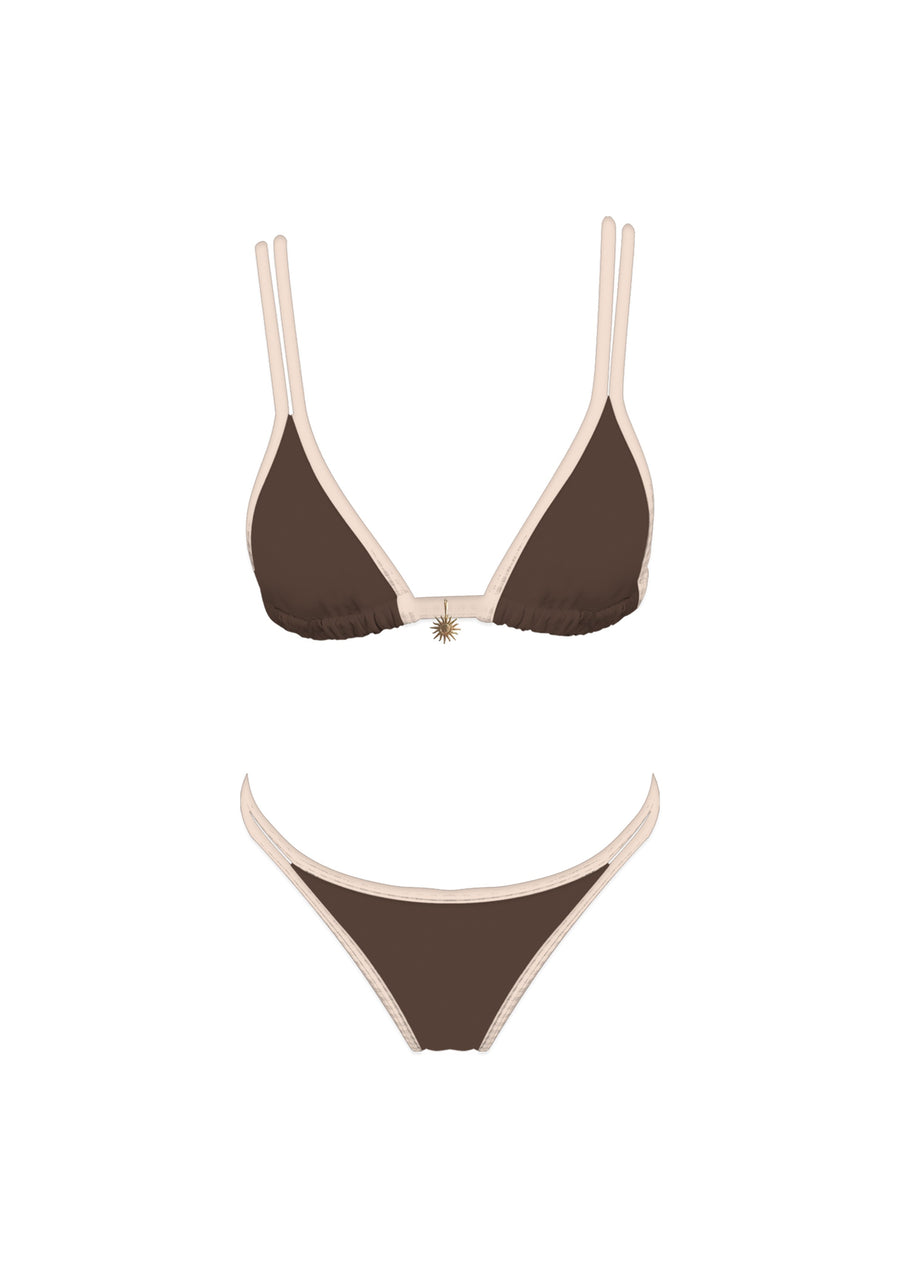 Featuring a simple bikini with a small sun trinket in the center strap in the colors brown and beige 