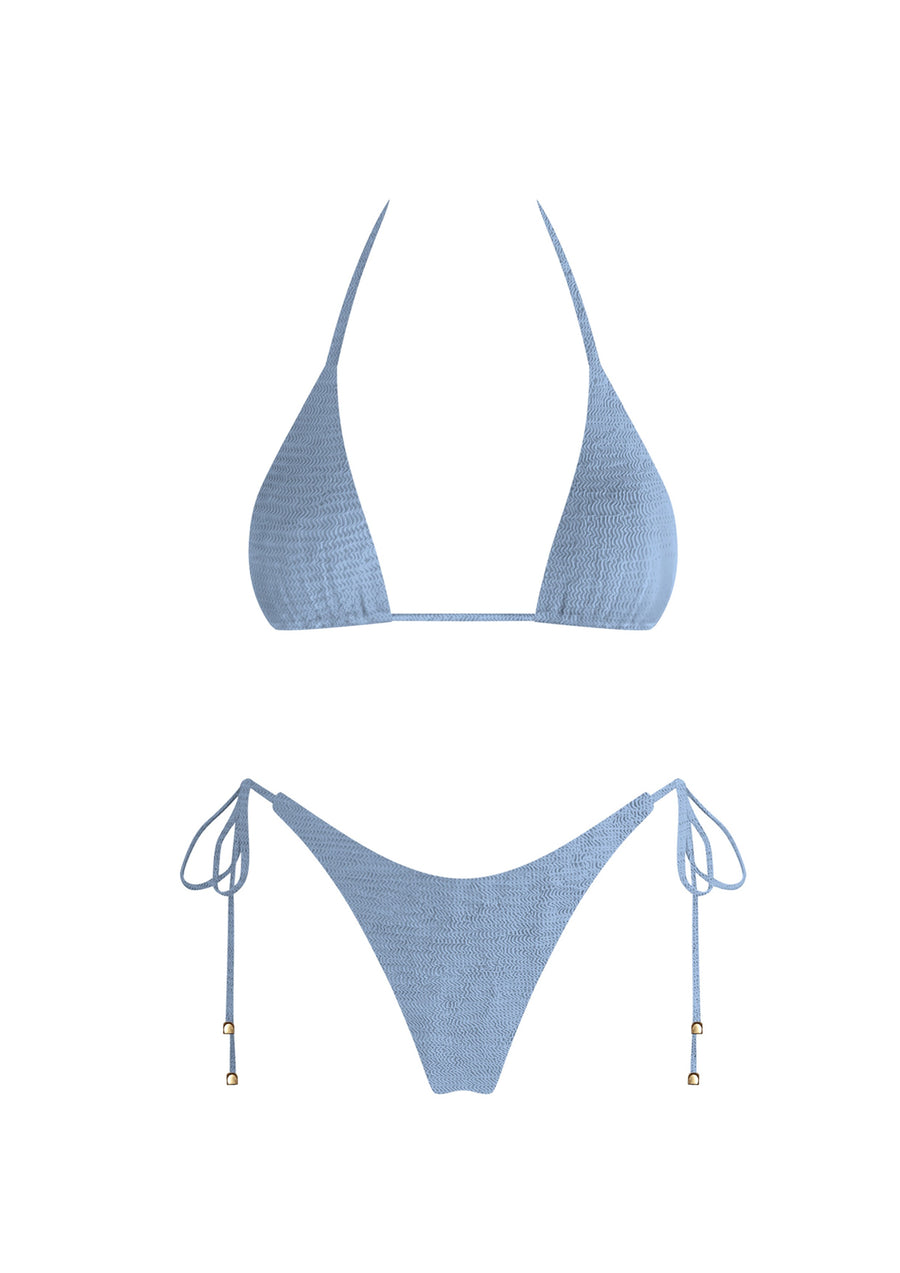 Featuring a triangle bikini with adjustable ties&nbsp; in the color powder blue 