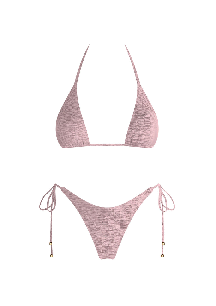 Featuring a triangle bikini with adjustable ties in the color ash pink