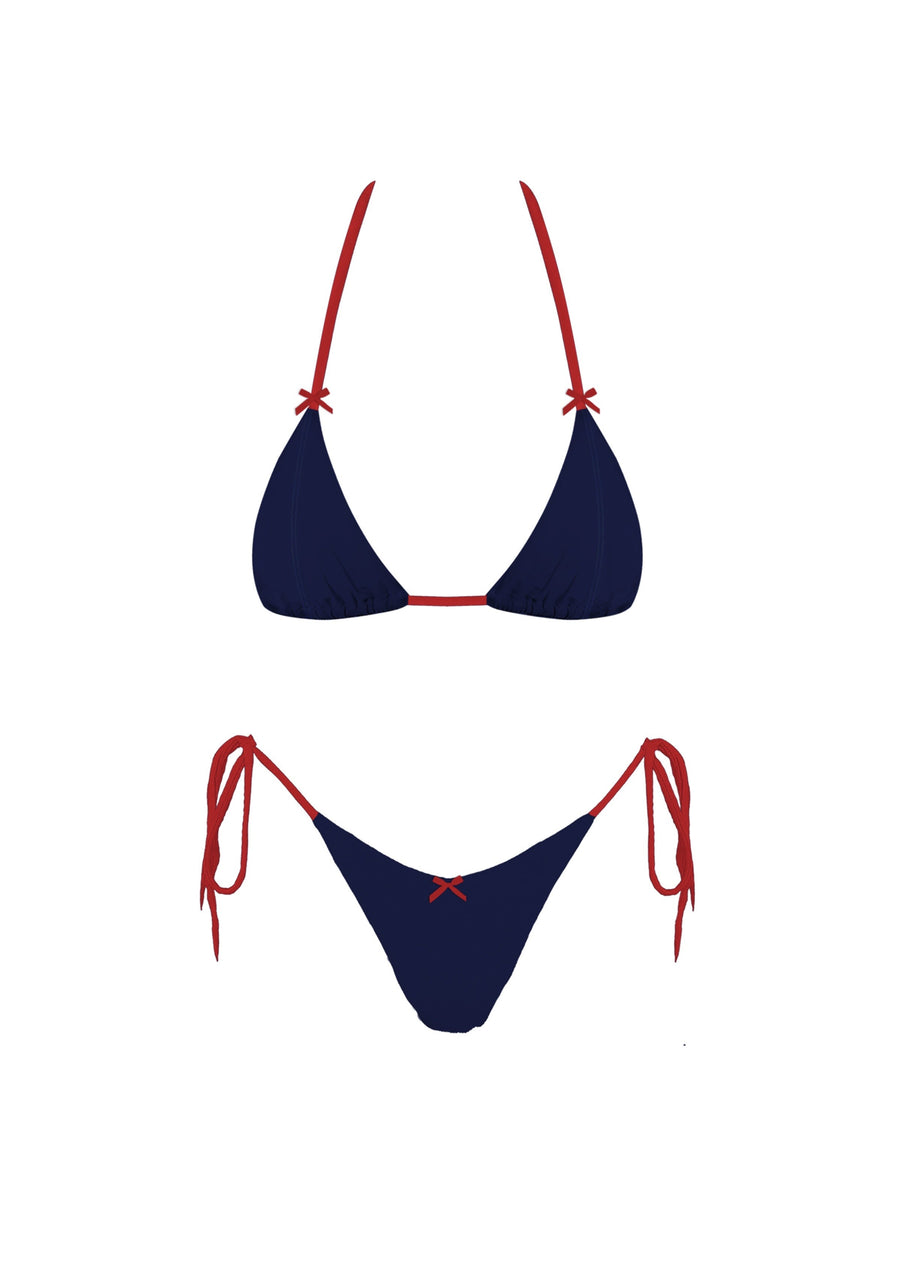 Featuring a string bikini with small bow details in the colors navy and red