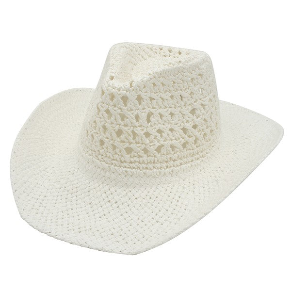 Featuring a woven straw cowboy style hat in the color white 