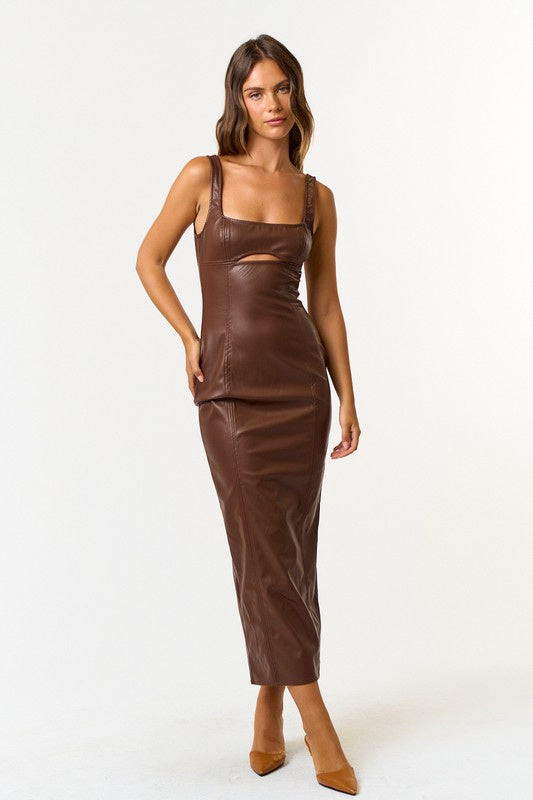 Featuring square cutout neckline, maxi length, back split hem, and a bodycon fit