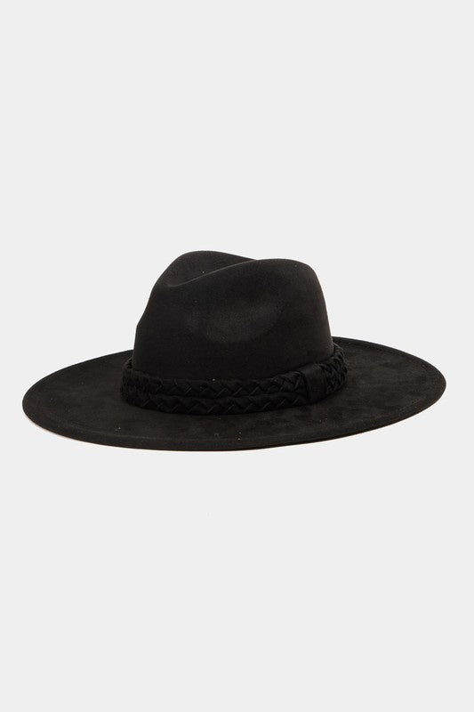 Featuring a stylish fedora hat with a double rope braid style band in the color black