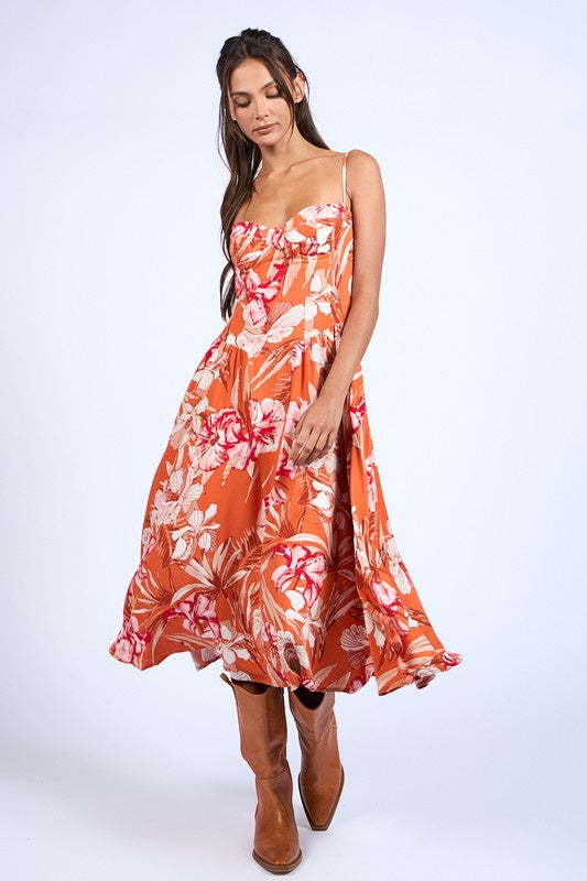 Featuring a sleeveless floral midi dress with a heart shaped neck line and an underwire in the color orange 