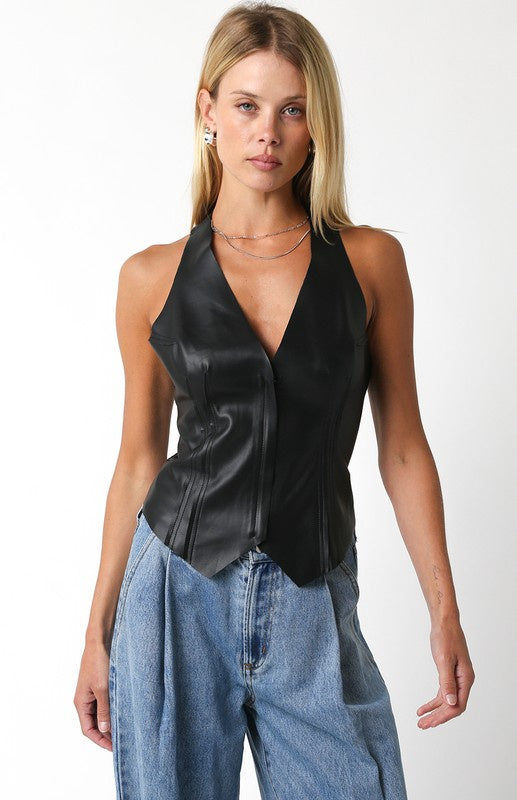 Featuring a leather zip up vest in the color black 