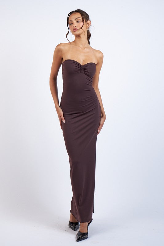 Featuring a beautiful off sholder ruched bust slim fit-in maxi dress with a side slit in the color chocolate brown 