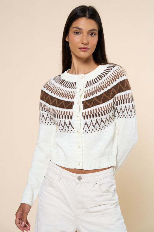 Featuring a stitch patterned button down cardigan