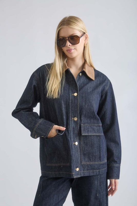 Featuring a corduroy collar, dark wash denim jacket with pocket detail&nbsp;