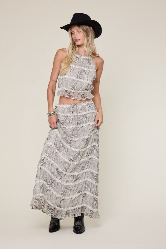 Pairs with the matching 'Zayla Top'

Featuring a black-white paisley print maxi skirt wiht a double drawstring tie waist