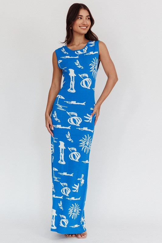 Featuring a back tie printed knit maxi dress in the color blue 