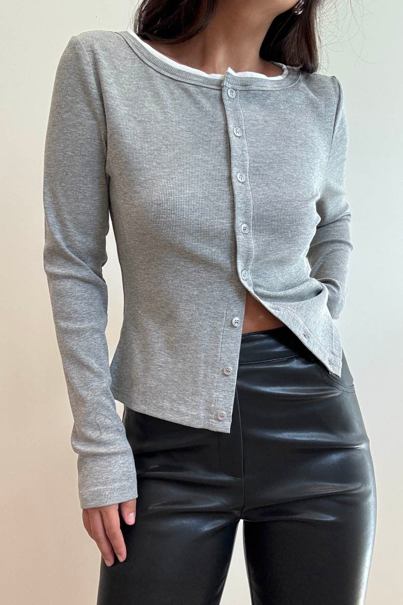 Featuring a grey slim fit long sleeve cardigan with contrast neck edge detail