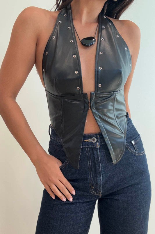 Featuring a black faux leather, eyelet detail halter corset top
