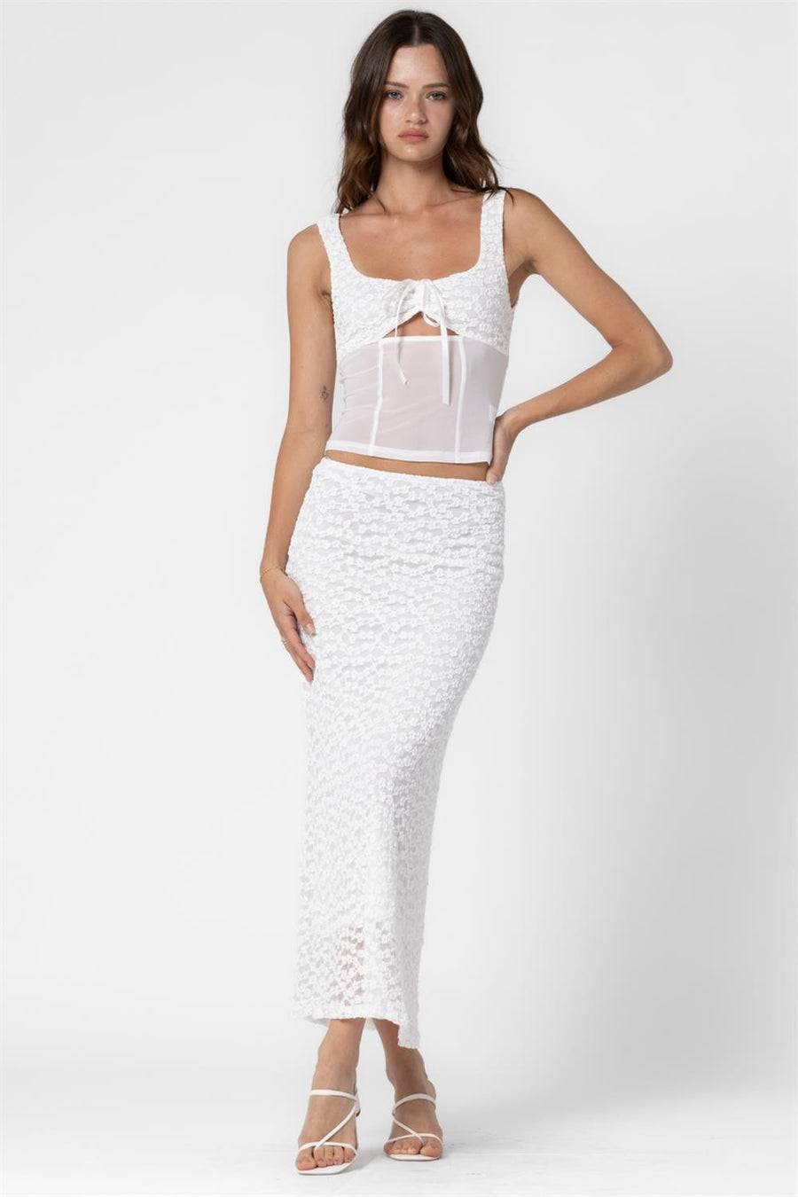 Featuring a white midi skirt with white flower fabric, pairs with the Anitta Cut Out Top