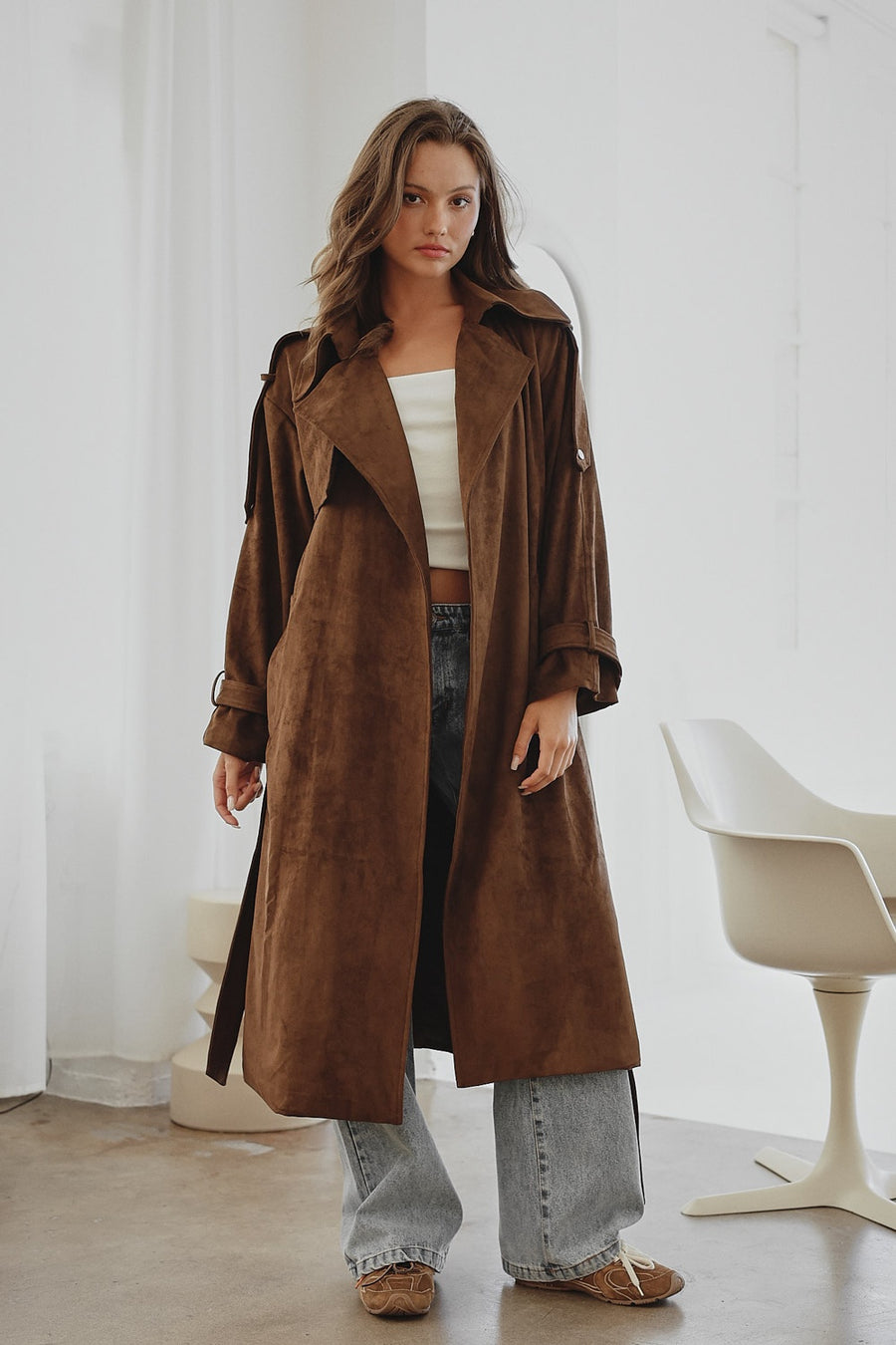 Featuring a suede trench coat with wrap around tie