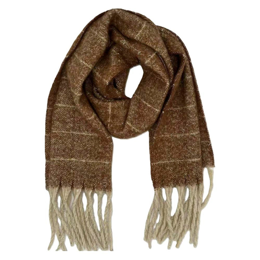 Featuring a striped scarf with tassle in the color brown 