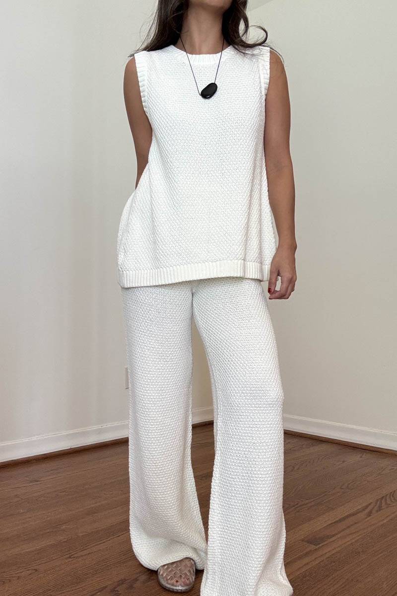 Paris with the matching Miranda Knit Top

Featuring a wide leg knit pant in the color white 