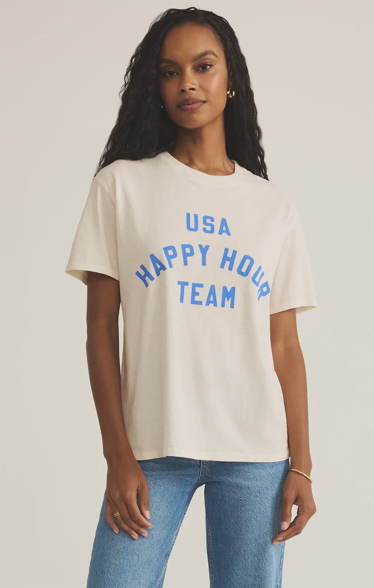 Featuring a relaxed fit crew neck tee with the logo ' USA Happy Hour Team'