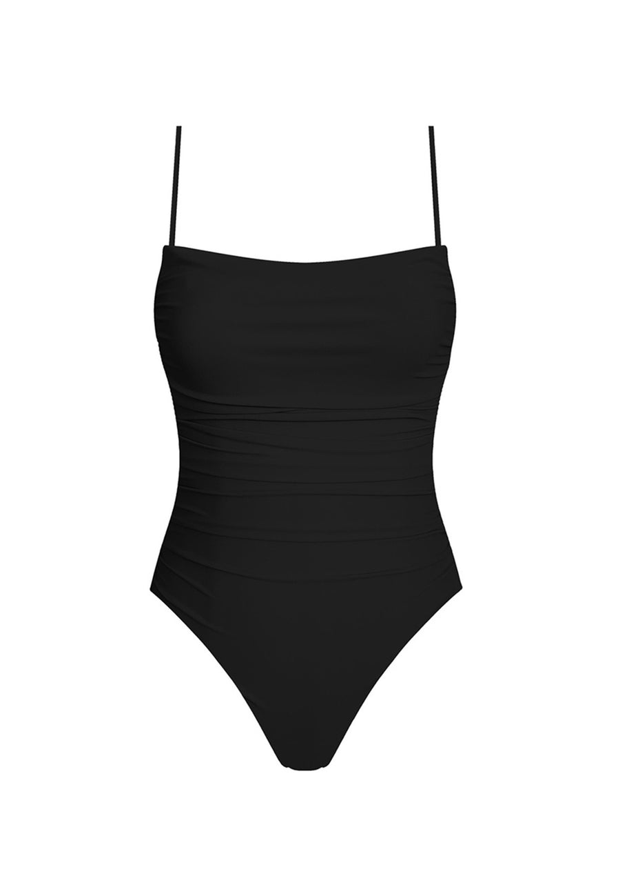 One piece black swimsuit with a square neckline..