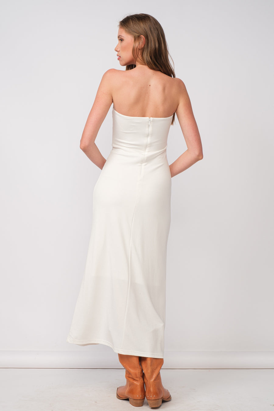 Strapless Maxi dress in the color white.