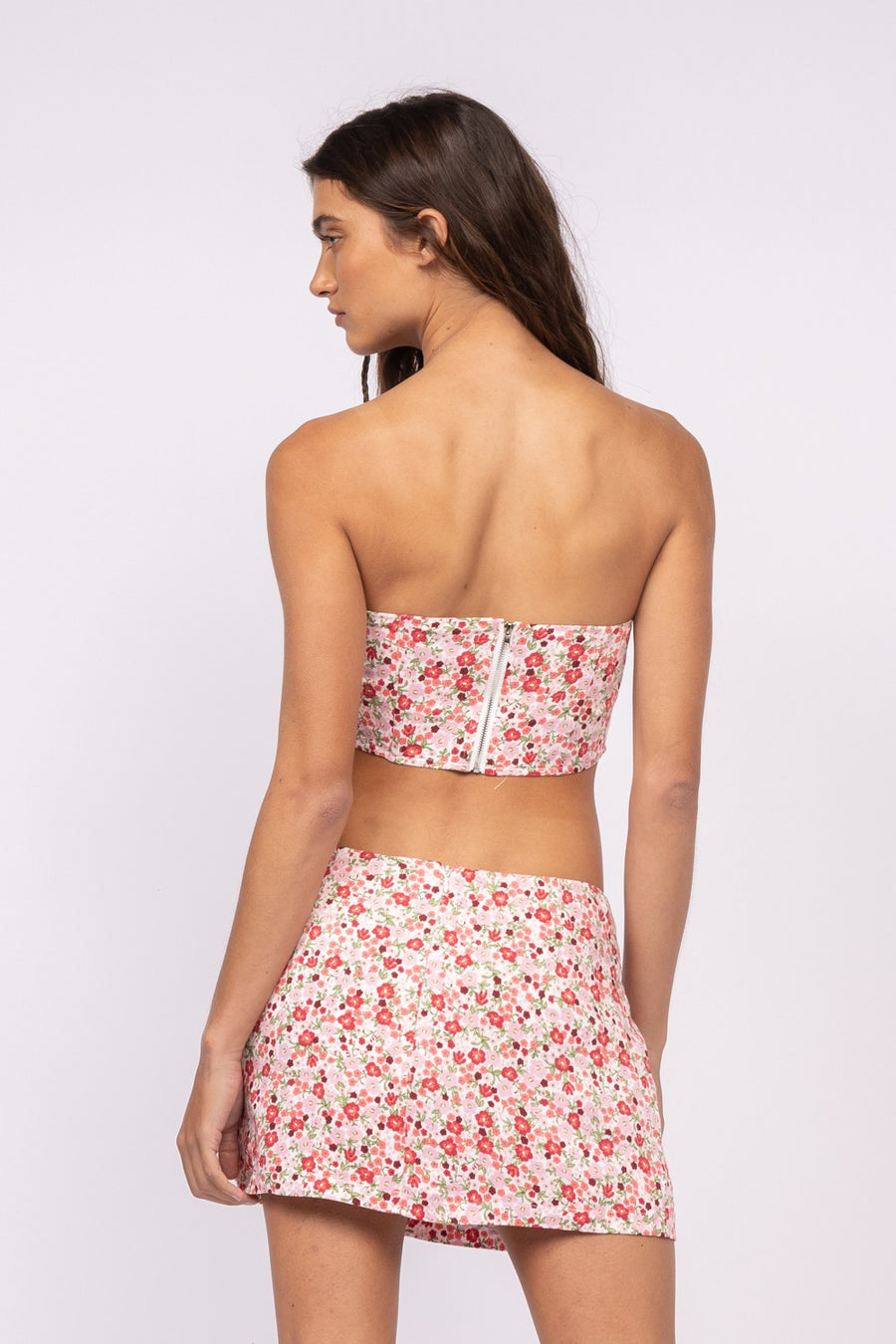 Strapless floral cropped  tube top in the color multi narcissus.