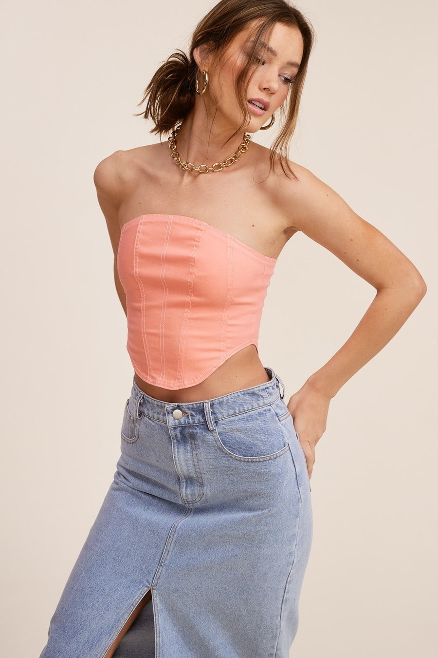 Coral tube top with zipper in the back. 