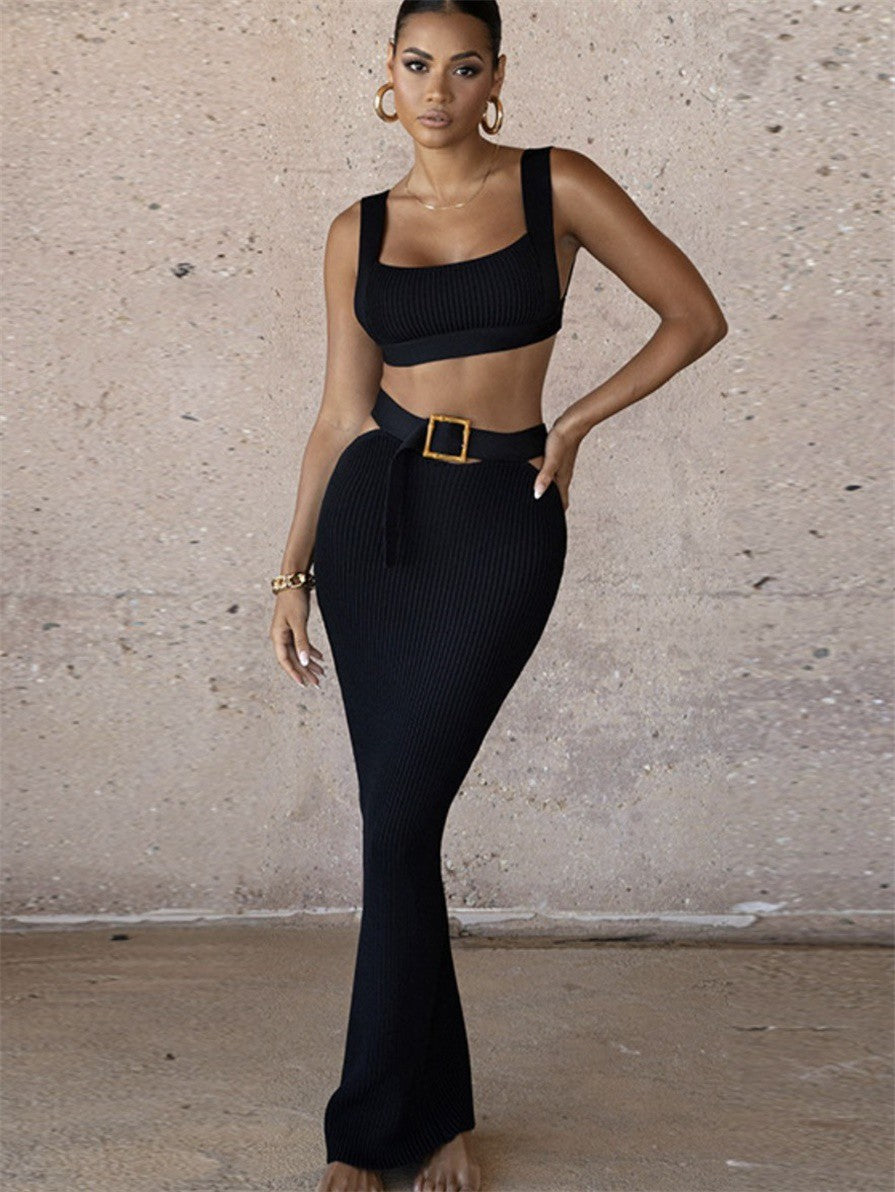 Black maxi skirt with built in belt. 