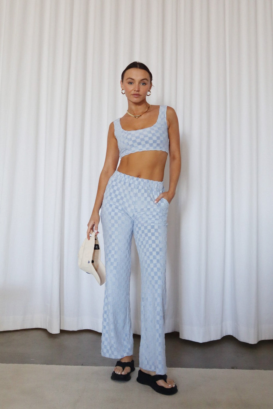 Baby blue checkered pants. 