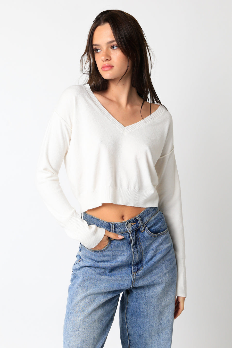 Long sleeve sweater with v neckline.