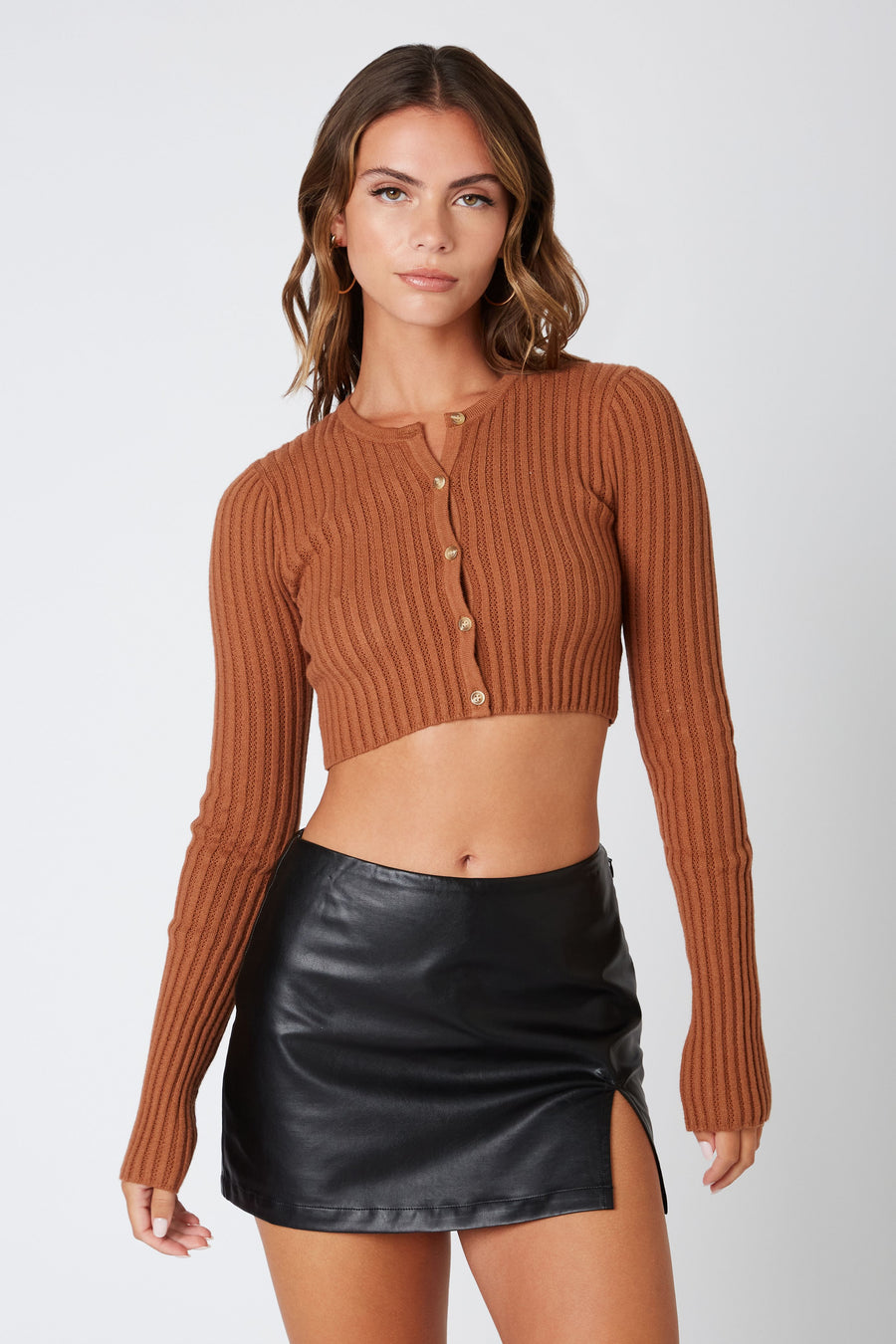 Bronze cropped sweater with front buttons. 