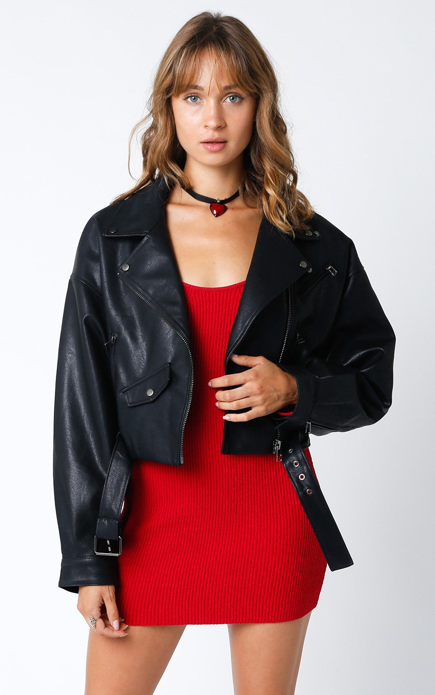 black cropped faux leather jacket with belt. 