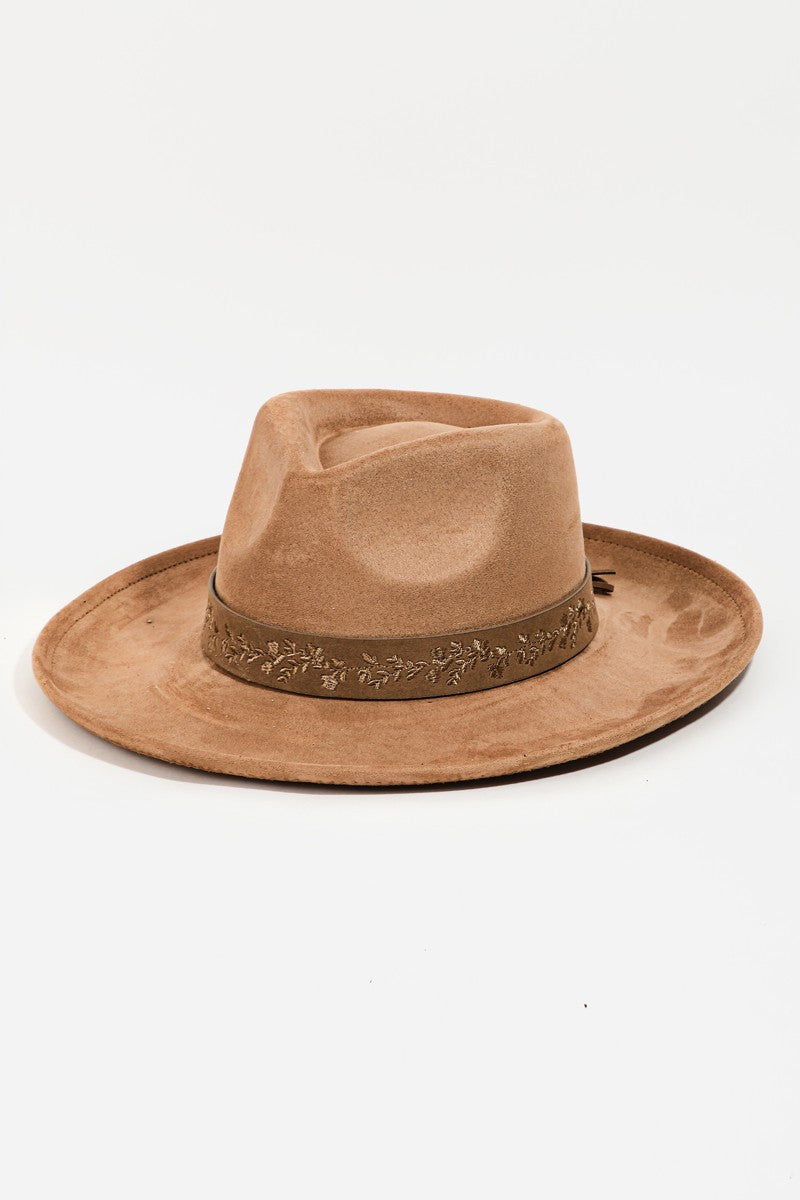 Brown fedora hat.