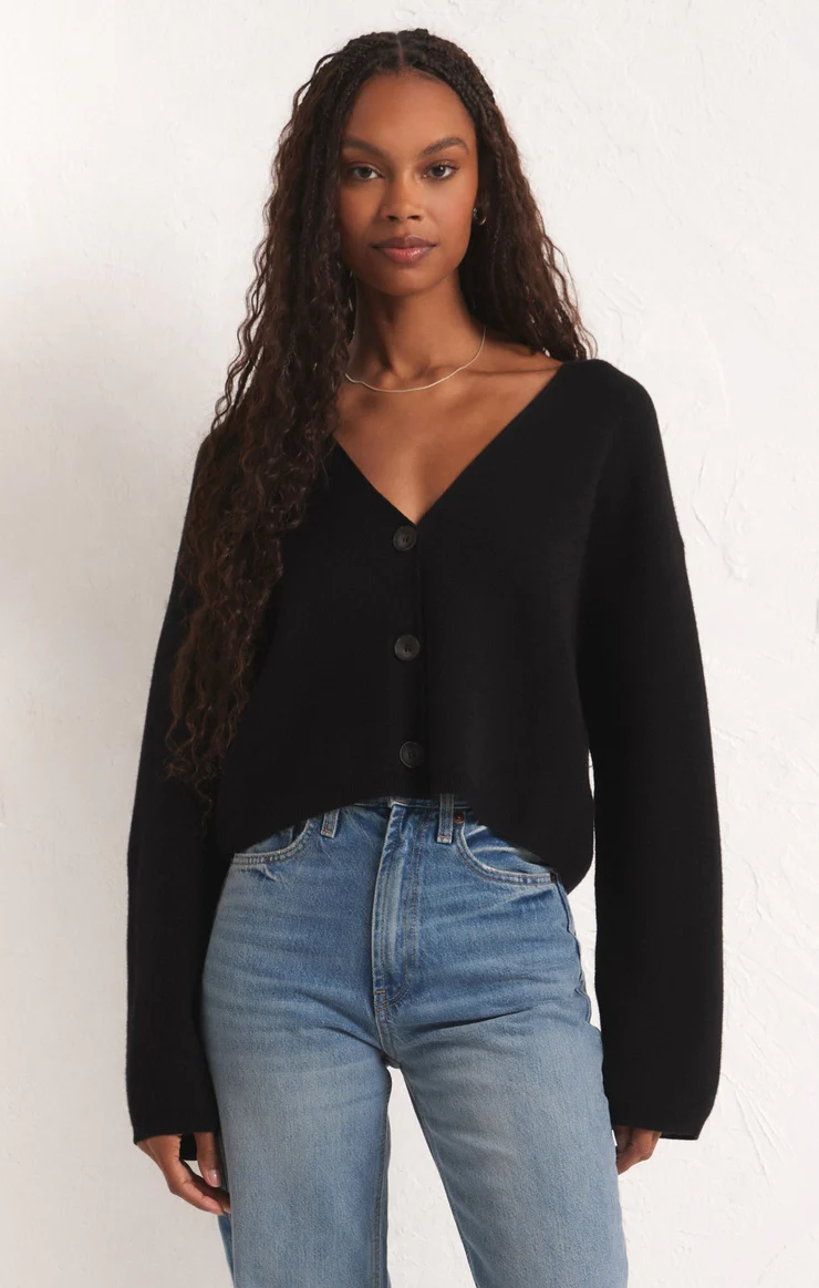Black cardigan with front buttons.