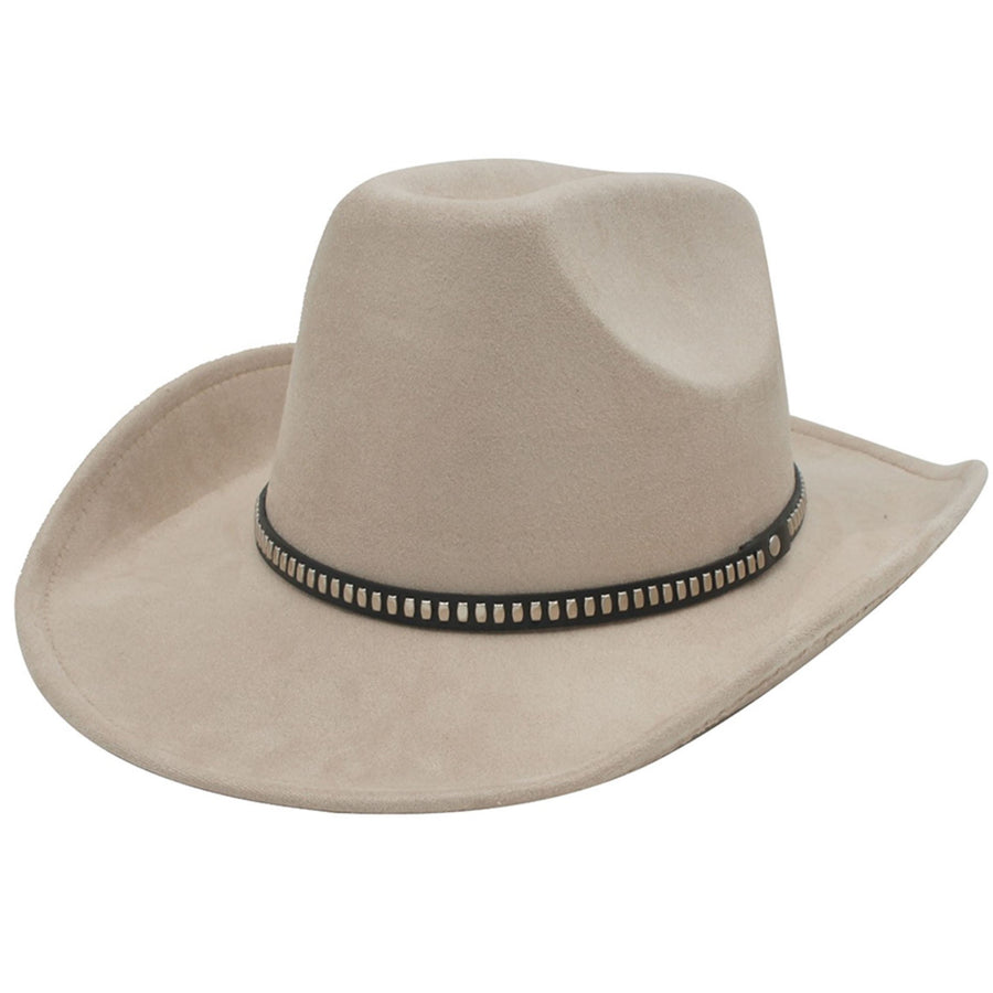 Micro suede cowboy hat with studded band in the color taupe. 