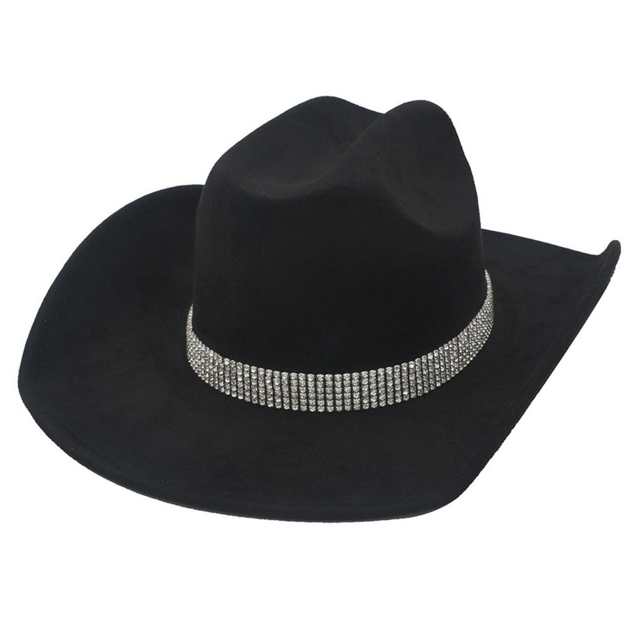 Black cowboy hat with a rhinestone band. 