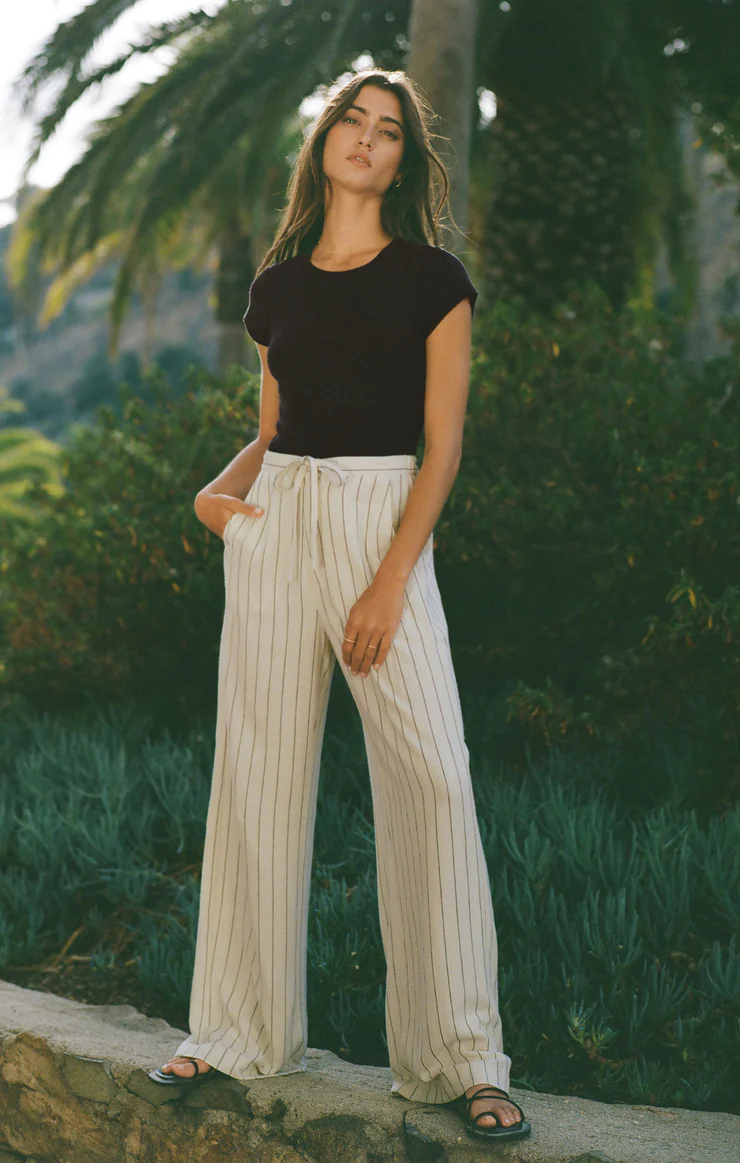 Linen blend pinstripe pants with a tie in the front.