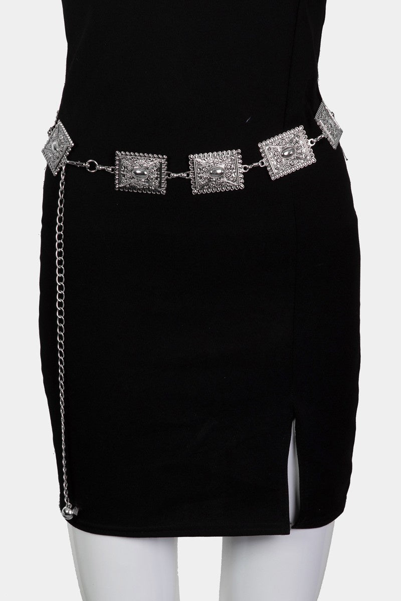 Featuring a silver rectangle disk chain belt with a clasp closure.