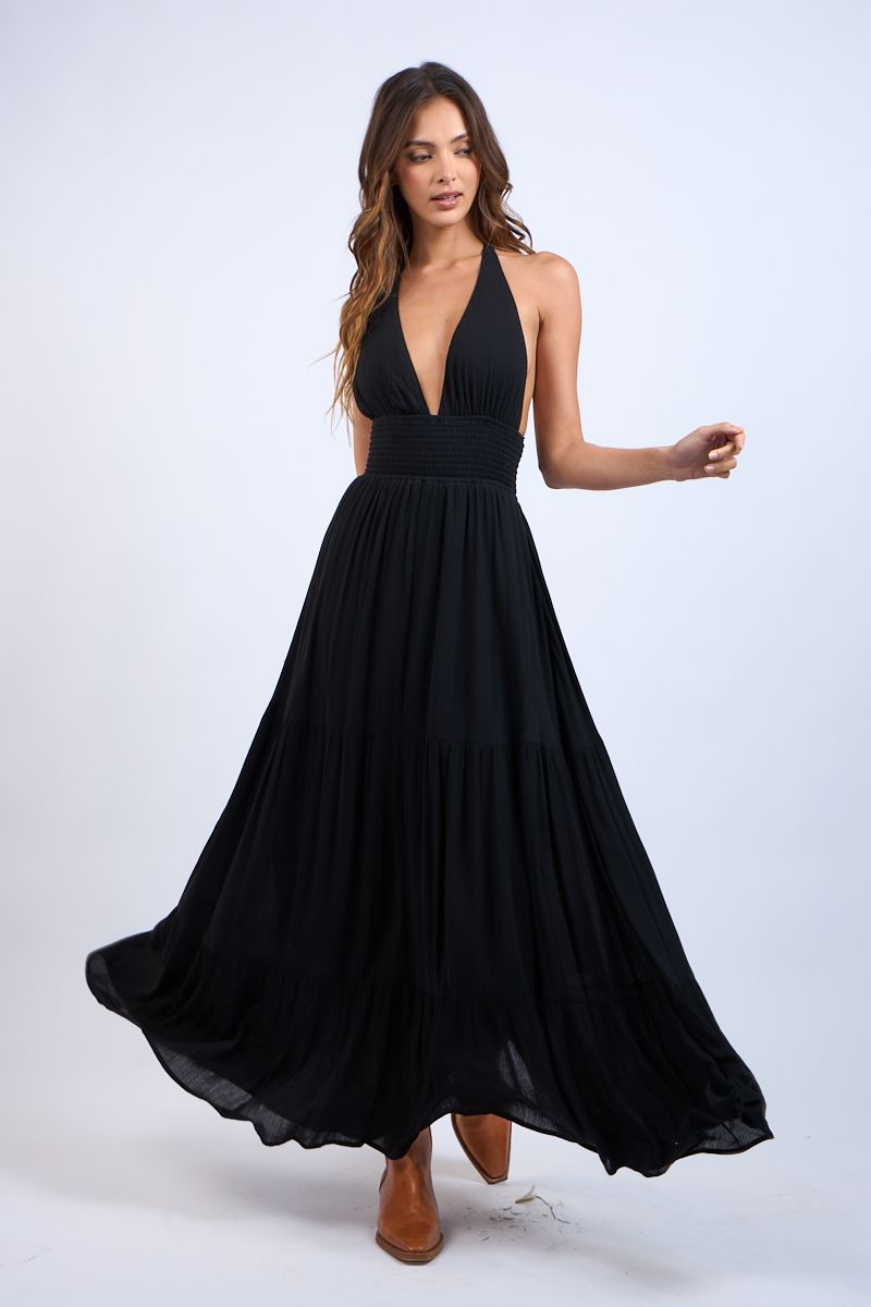 Plunging v-neck maxi dress with an open back.