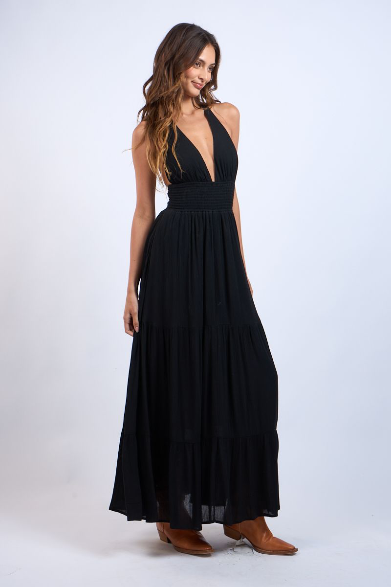 Plunging v-neck maxi dress with an open back.