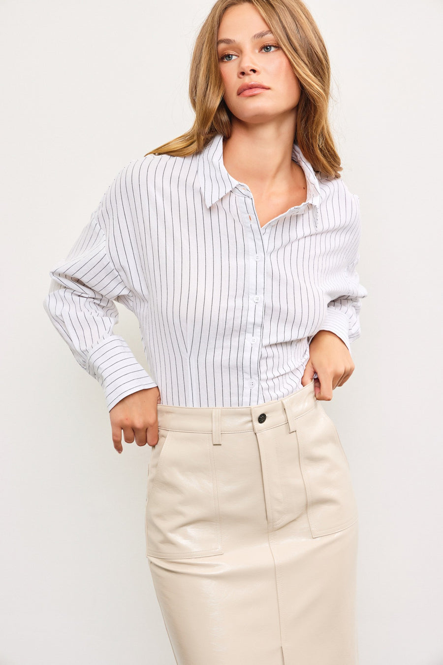 Striped button down with a tied back detail.