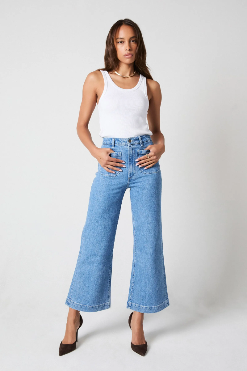 High waisted, wide leg jeans.