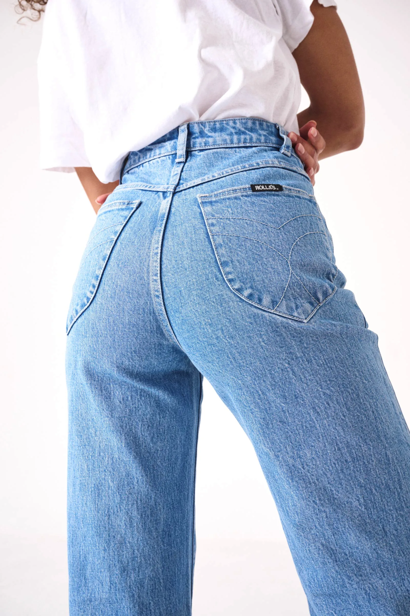 High waisted, wide leg jeans.