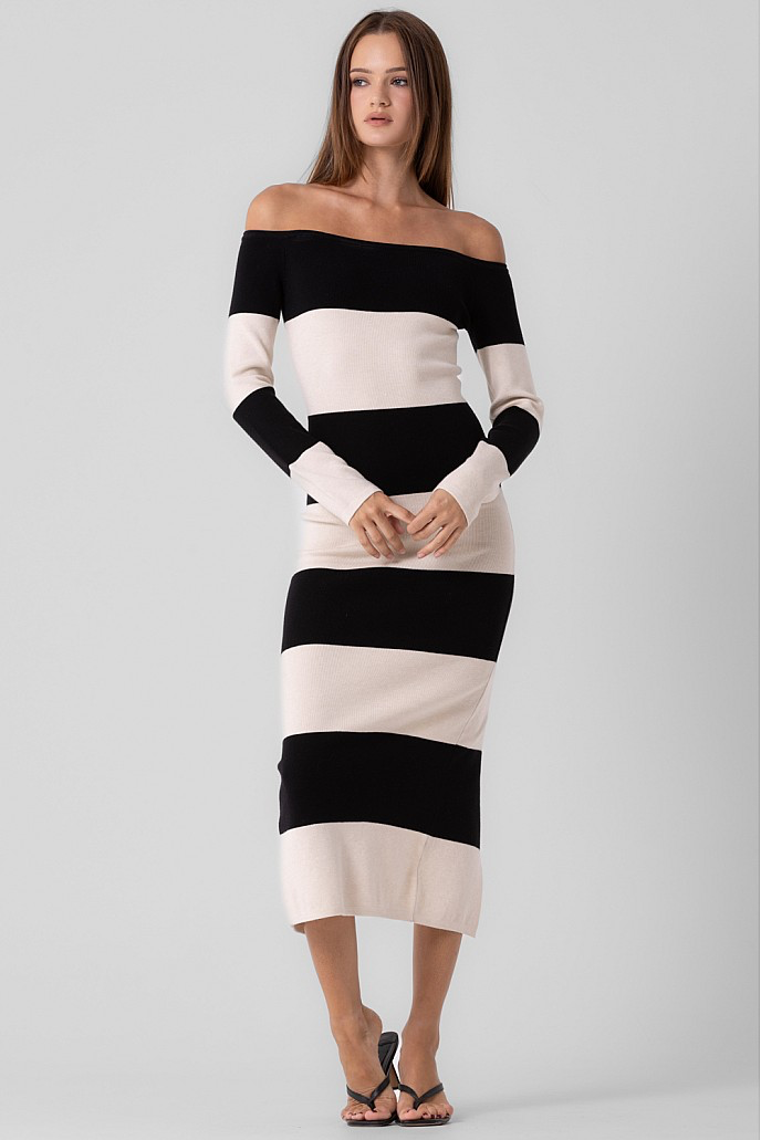 Long sleeve, strapless, striped midi dress with back slit.