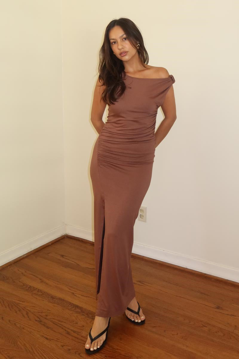 Featuring a cocoa off the shoulder bodycon maxi dress&nbsp;