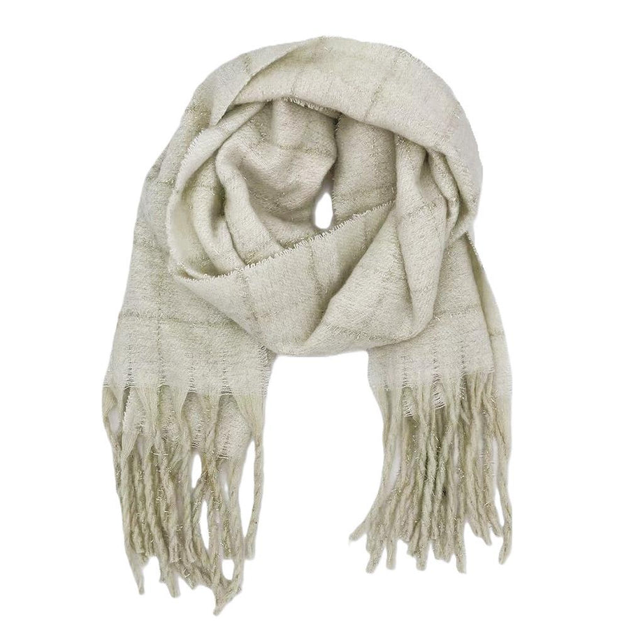 Featuring a striped scarf with tassle in the color white 