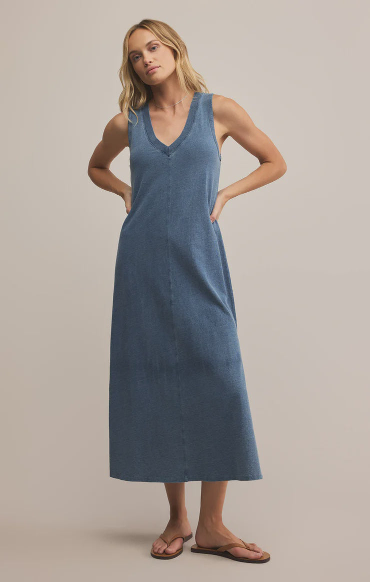 Featuring a vintage indigo denim light weight relaxed fit, V neck midi dress