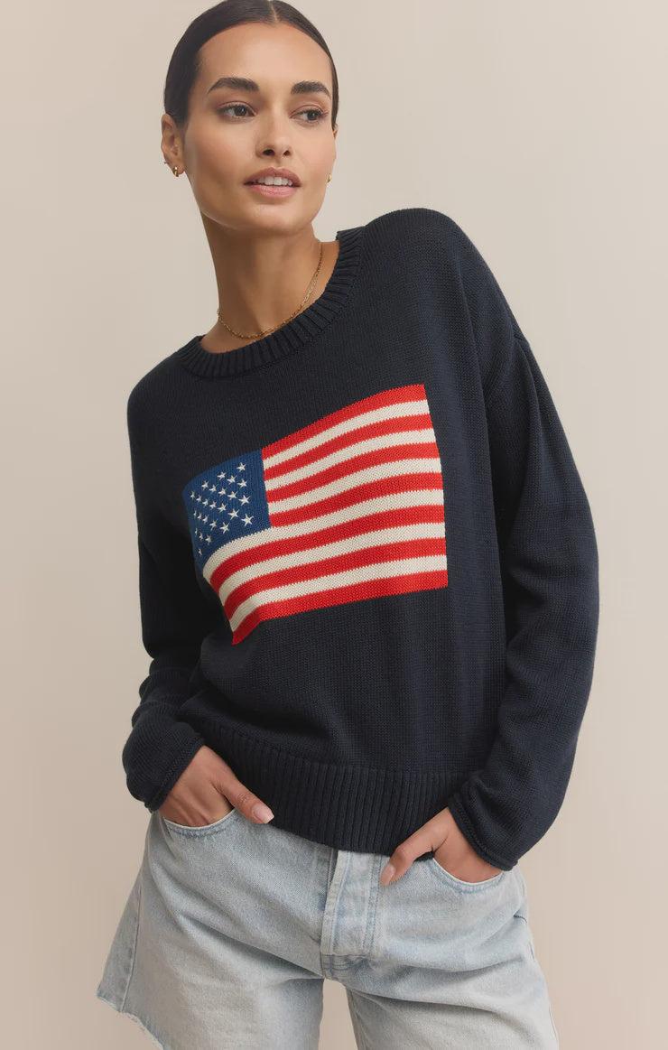 Featuring a regular fit crew neck sweater with american flag