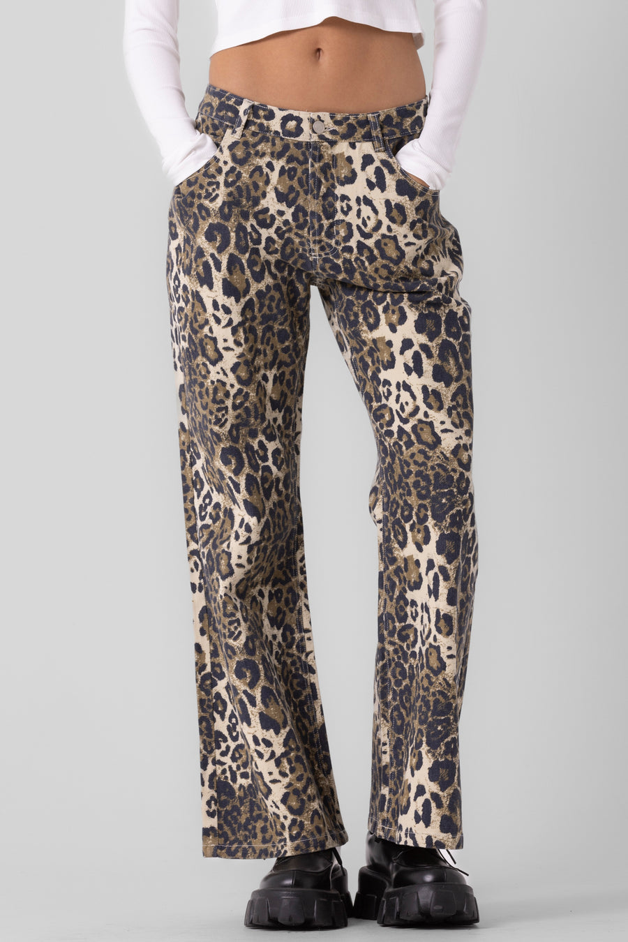 Featuring a leopard print pant with a straight leg fit and a slight flare at the bottom 