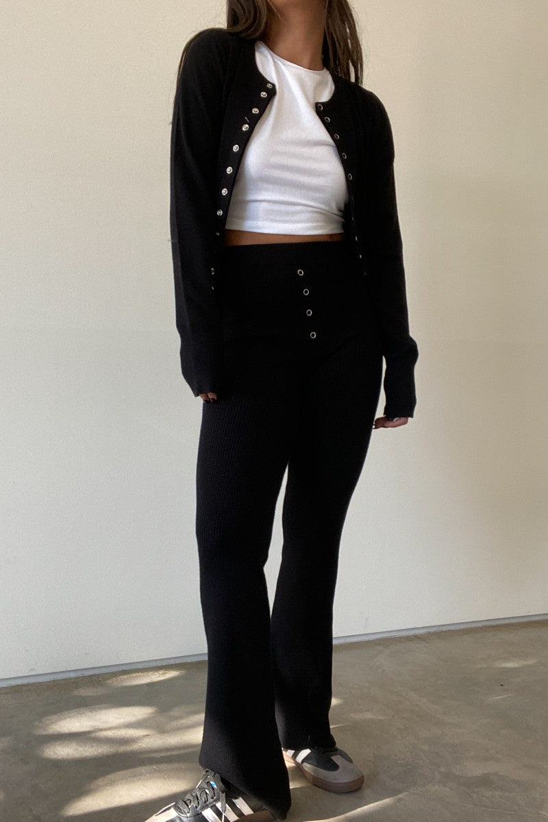 Pairs with the matching 'Kya Knit Cardigan'

Featuring a high wasted knit pant in the color black 