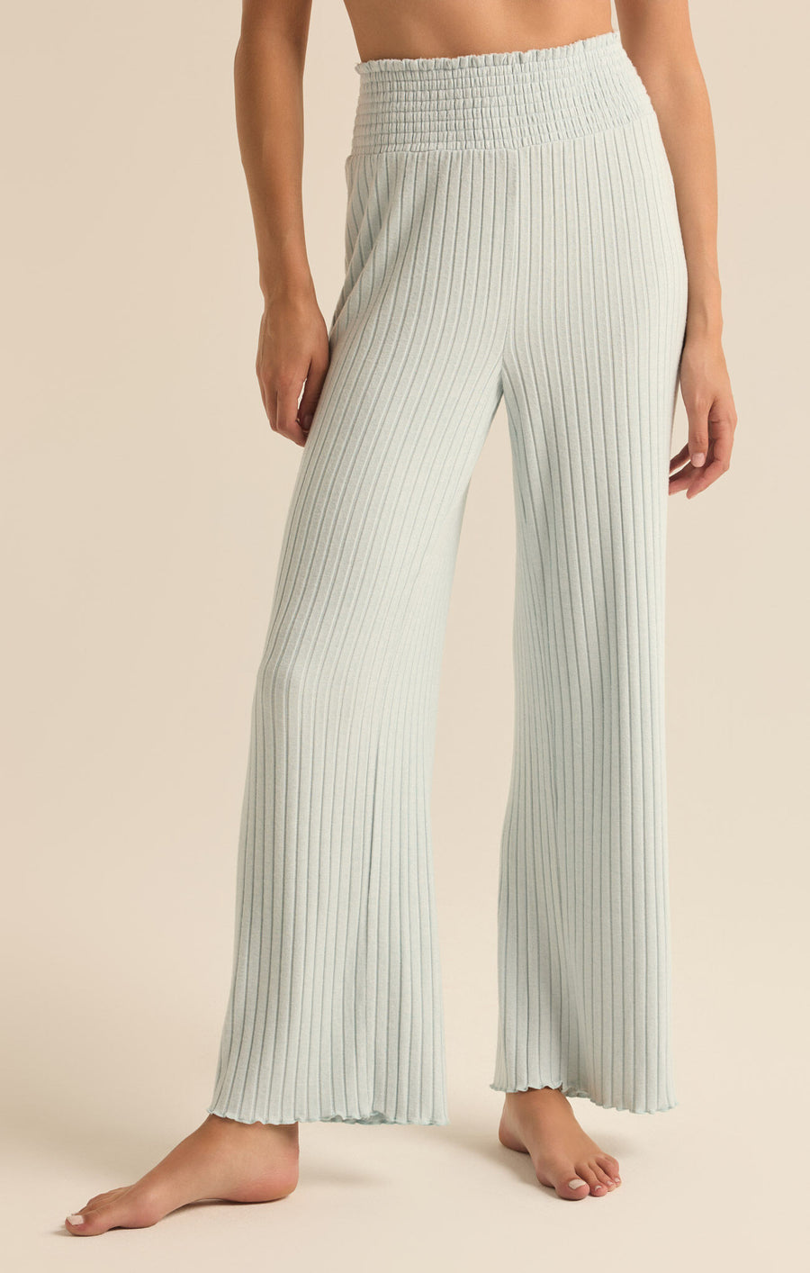 Featuring a Lounge pants with a thick ruched waist band in the color snow flke blue 