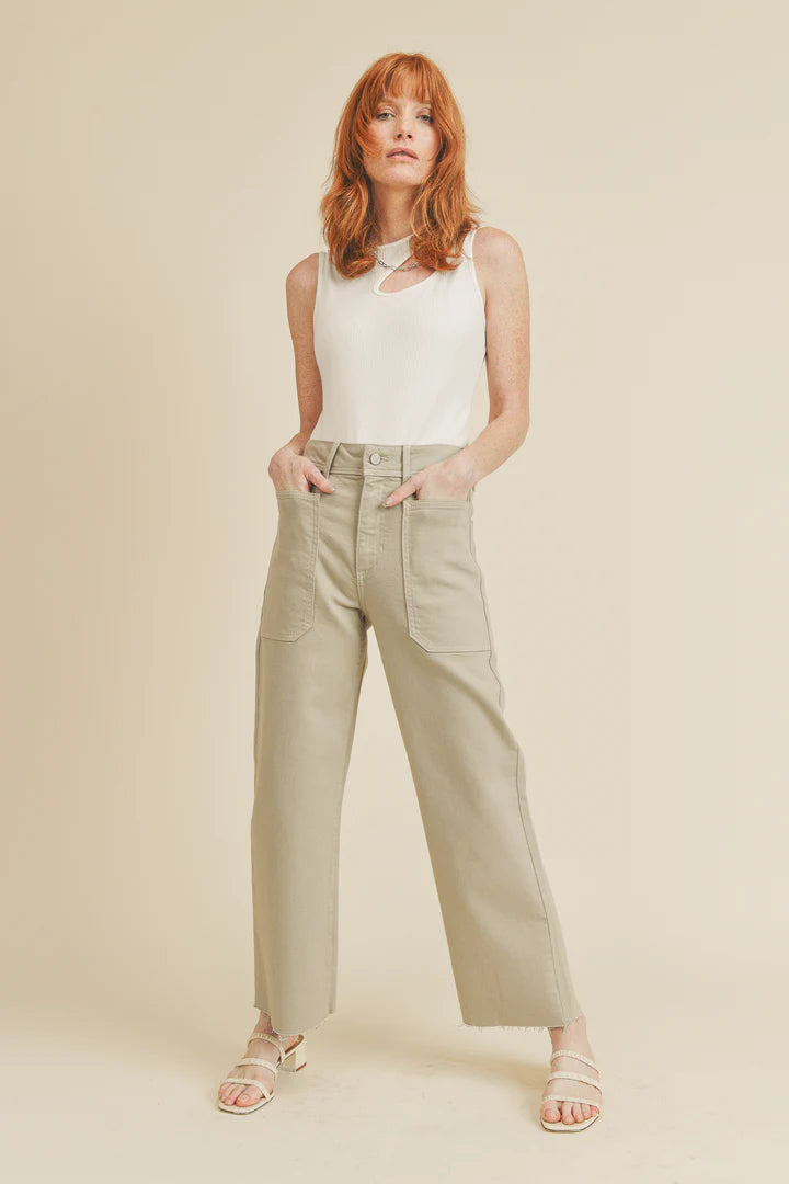 Wide leg cropped jeans in the color eucalyptus.